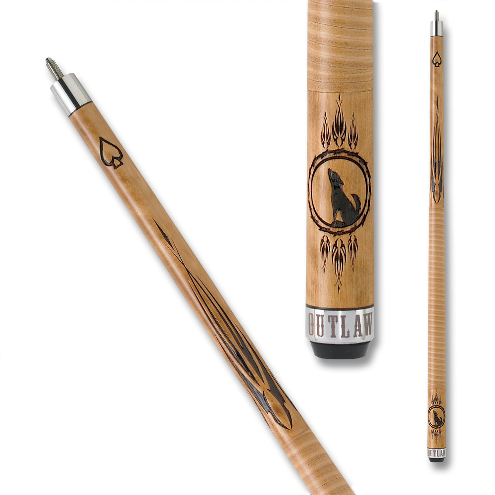 BAGUETTE DE BILLARD OUTLAW OL13 MOTIF DE LOUP EN BOIS ET GRAVÉ AU CHALUMEAU 13MM 19OZ