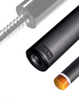 The image shows a pool cue shaft. There are three sections of the cue shaft displayed, each with a different view. The top part shows the threaded end of the shaft, which is designed to be attached to the cue butt. The middle part of the image shows the shaft in full, featuring a sleek black design with the logo "REVO" near the base. The bottom part shows the tip of the shaft, which is colored yellow, indicating the area of impact with the cue ball. The background is white, highlighting the product.