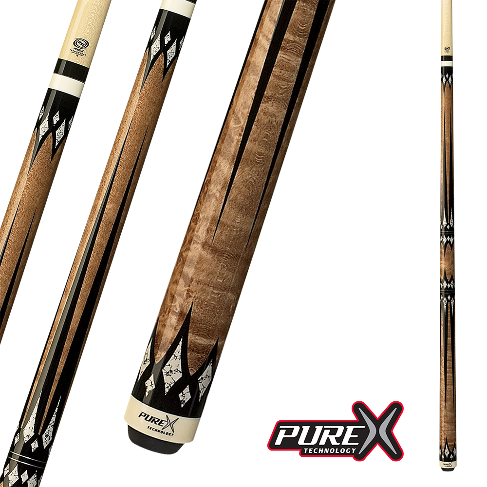 Detailed and full-length views of a Pure X technology pool cue with a striking design featuring a natural woodgrain finish, black accents, and diamond-shaped patterns, accompanied by the Pure X logo.